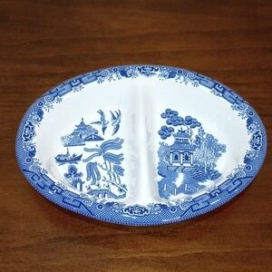 Churchill of England Blue Willow Divided Oval Serving Dish